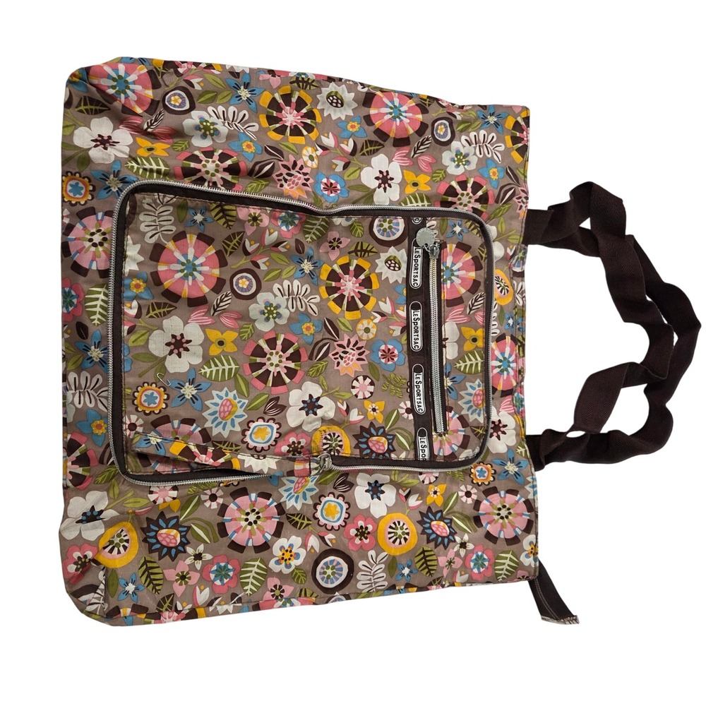 LeSportsac Floral Ripstop Nylon Tote Bag Brown Multicolor Packable Zippered - Picture 1 of 6